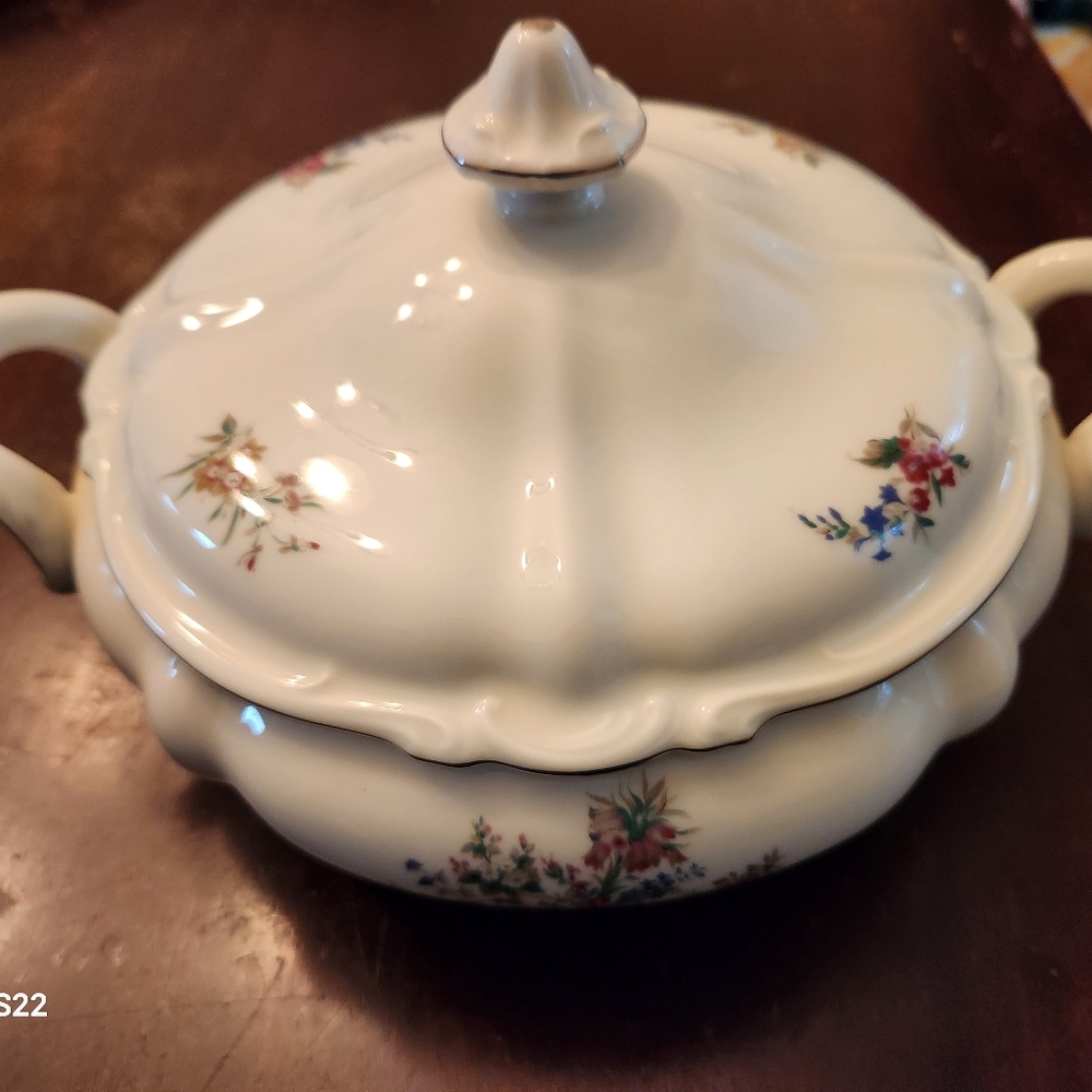 Crown Bavaria Germany Bouquet Footed Covered Dish- Floral  W/Silver Trim. No Cra